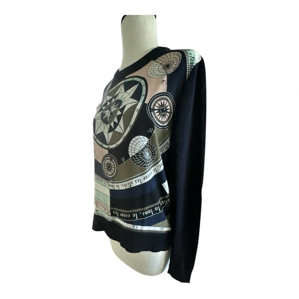 Tory Burch Silk Front Merino Wool‎ Compass Print Sweater Women’s Size M